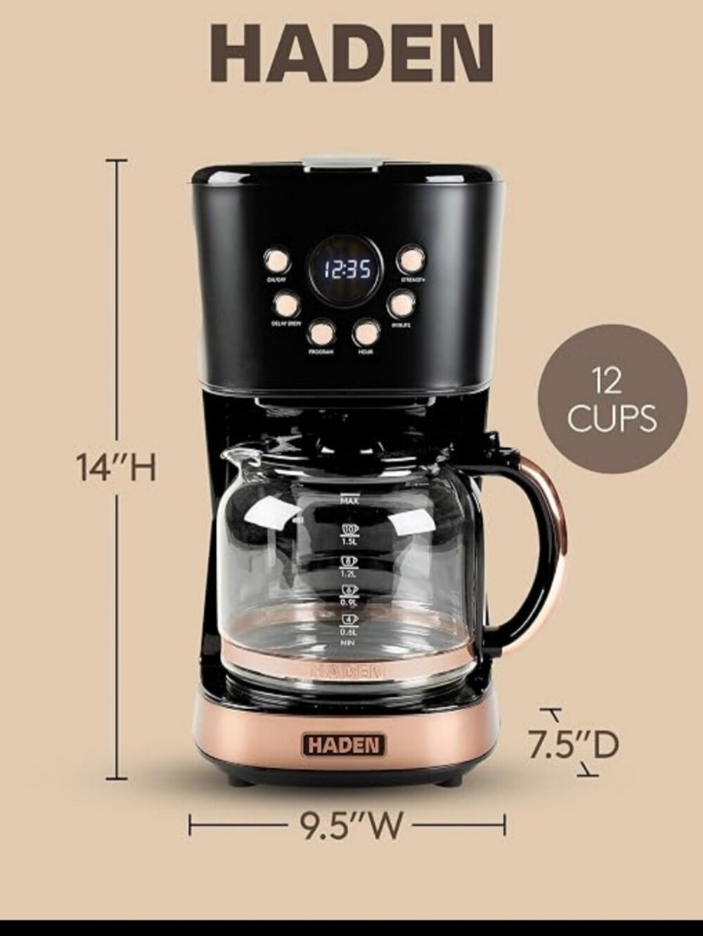 Haden 12-Cup Drip Coffee Maker - Black with Copper Accents